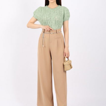 FOL383 - High-end sweater with twisted woven shape and round neck with light puffed sleeves - Elzoria
