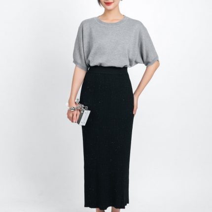 FOL423 - High-end fashion sweater with round neck and light puff sleeves - Elzoria