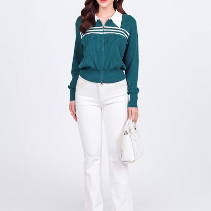 FOL464 - High-end fashion sweater with straight German collar and chest pattern, horizontal striped hem, elastic waistband, front closure - Elzoria