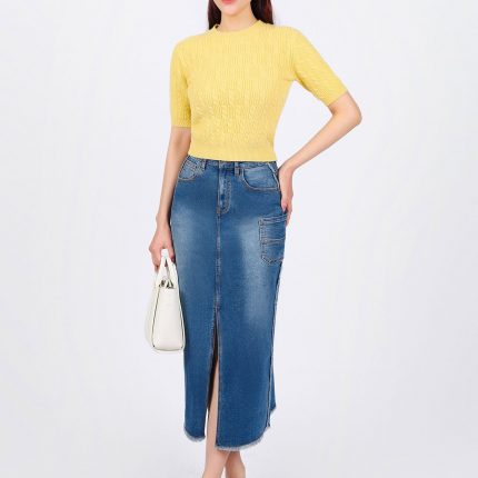 FOL476 - High-end fashion sweater with round neck, short sleeves, solid color - Elzoria